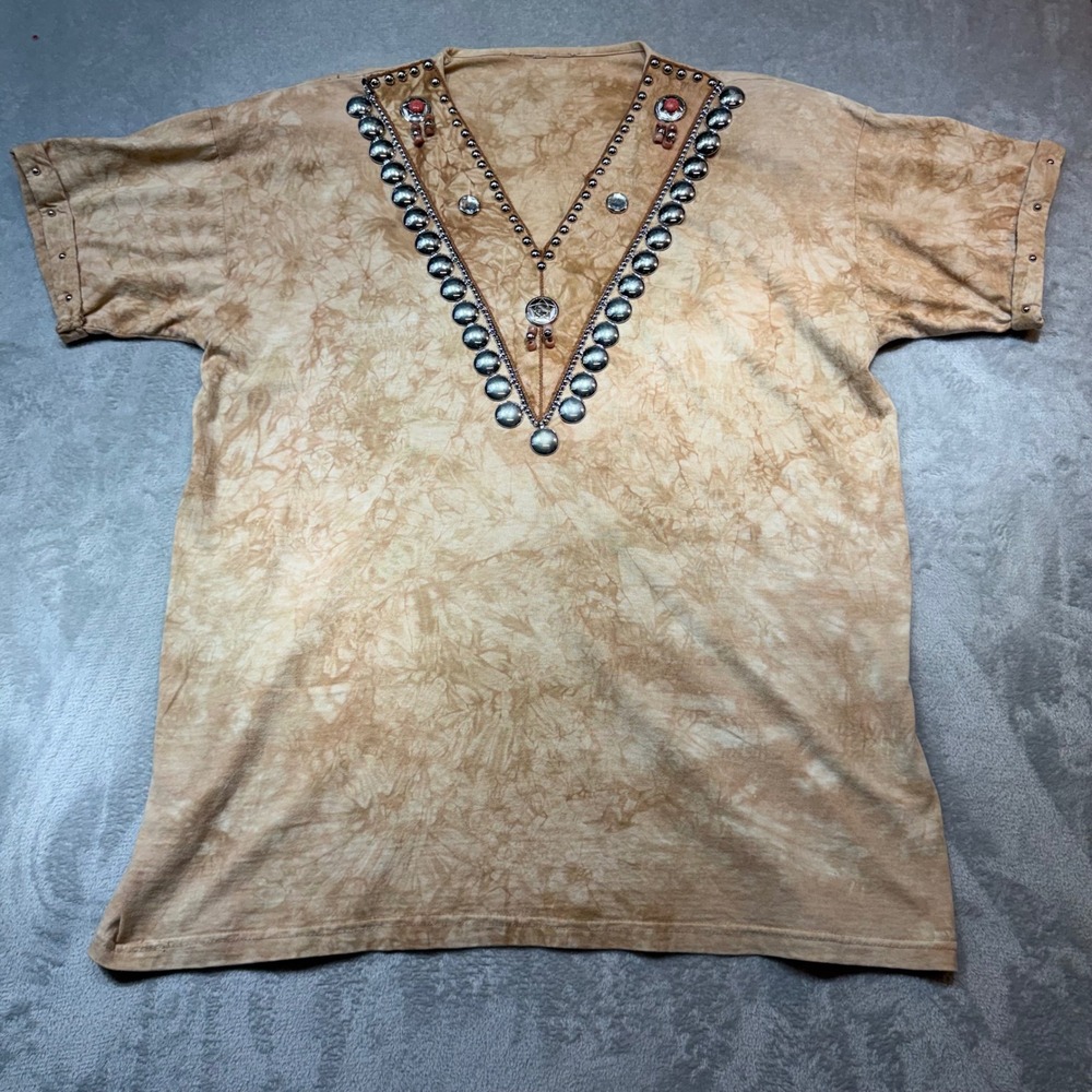 Vintage Southwestern Tie Dye Studded Concho V-Neck T-Shirt Tan Brown‎ XL western